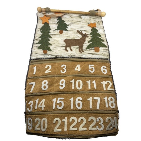 Advent Calendar Moose Trees Primitive Rustic Wooden Dowel Hanger Felt Christmas - Picture 1 of 6